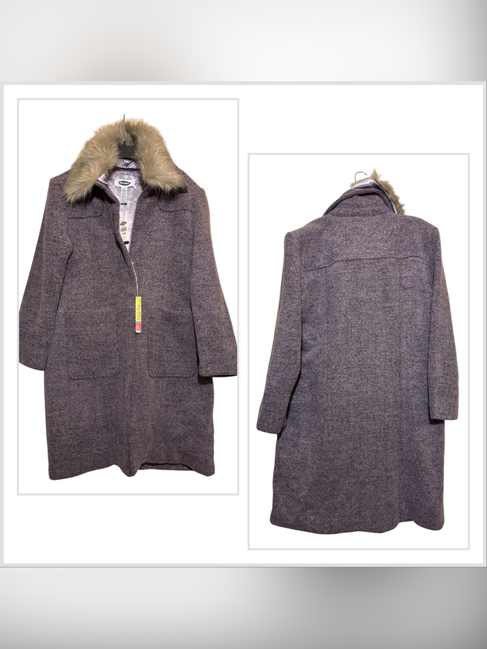 NWTs Vintage Old Navy Wool Blend Boucle Trench Coat Fur lined XL Y2K 2000s 00s